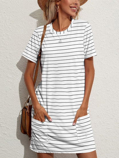 Pocketed Striped Round Neck Short Sleeve Dress