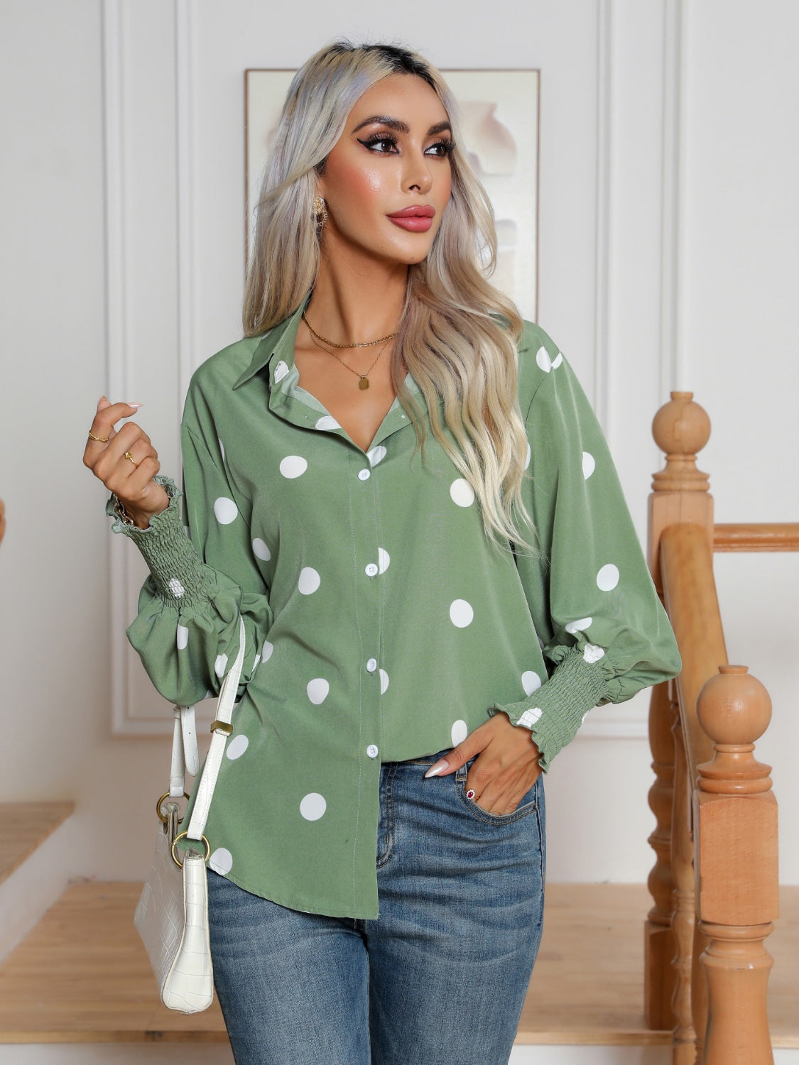 Polka Dot Collared Neck Buttoned Lantern Sleeve Shirt