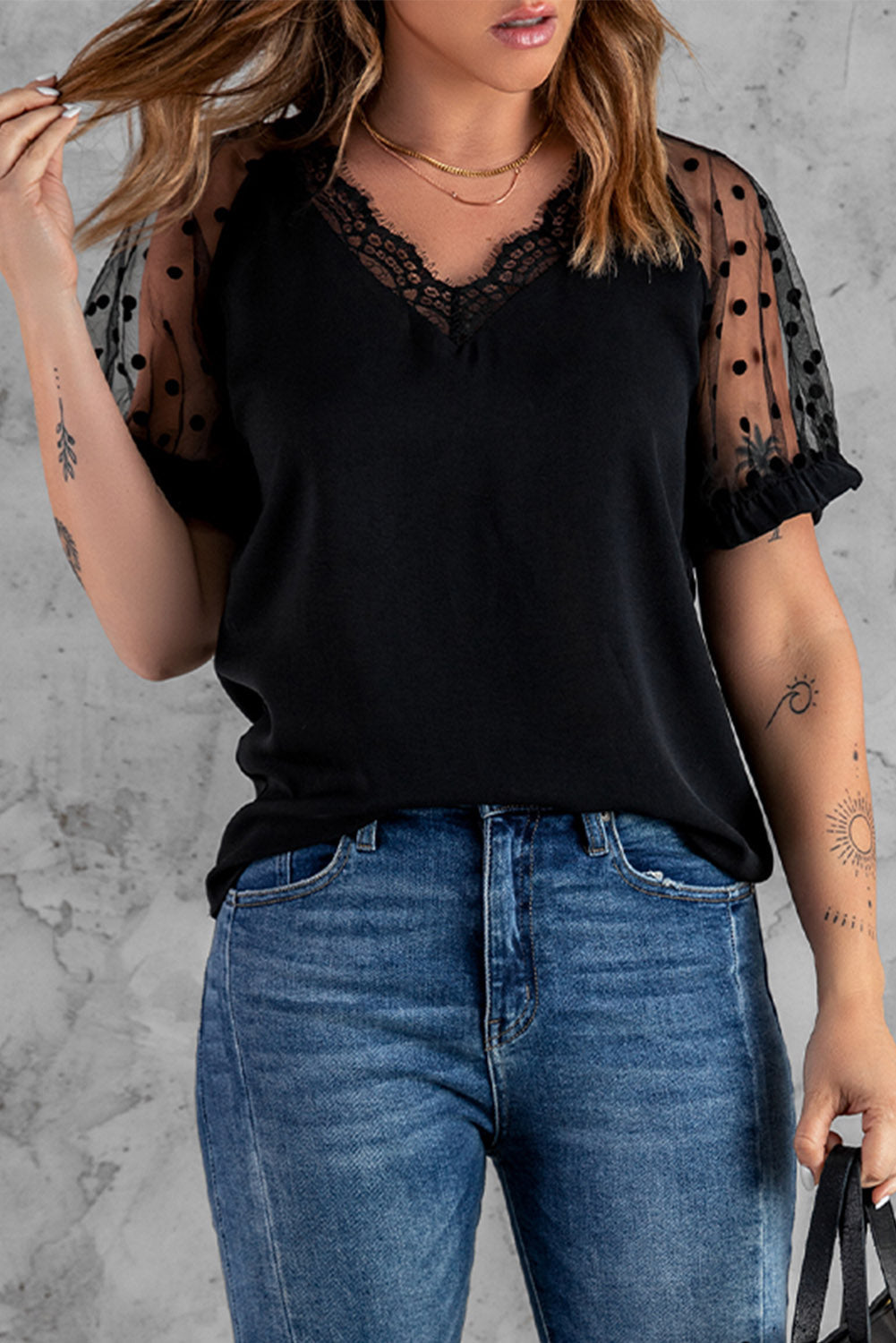 Polka Dot Lace Trim Spliced Mesh Blouse