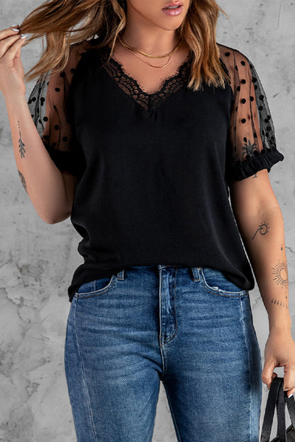 Polka Dot Lace Trim Spliced Mesh Blouse