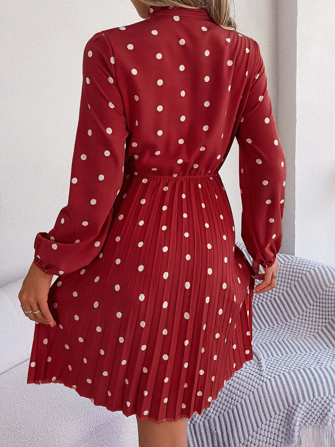 Polka Dot Tie Neck Pleated Dress