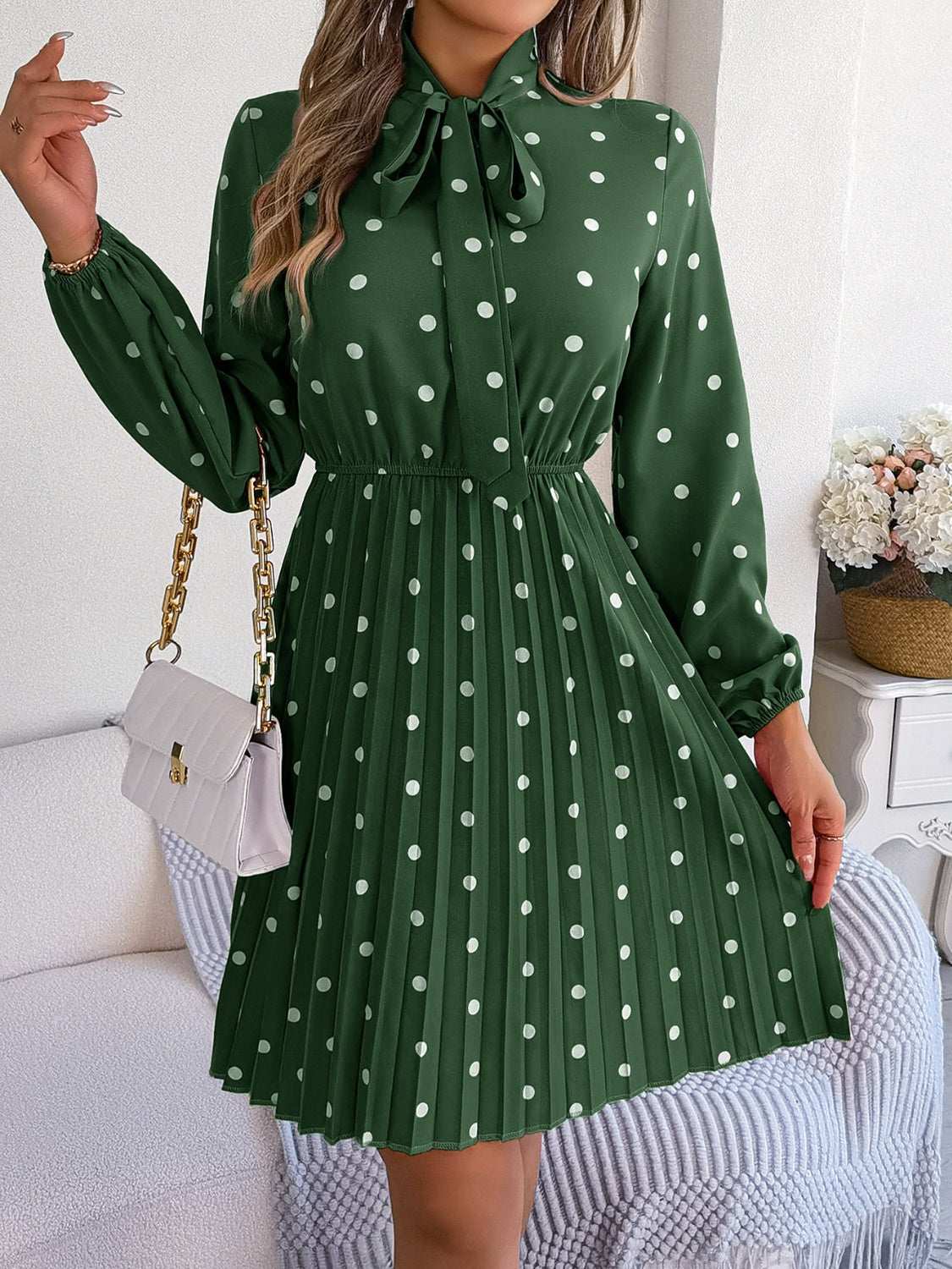 Polka Dot Tie Neck Pleated Dress