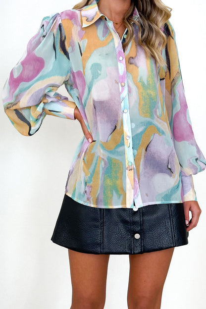 Printed Button Up Lantern Sleeve Shirt