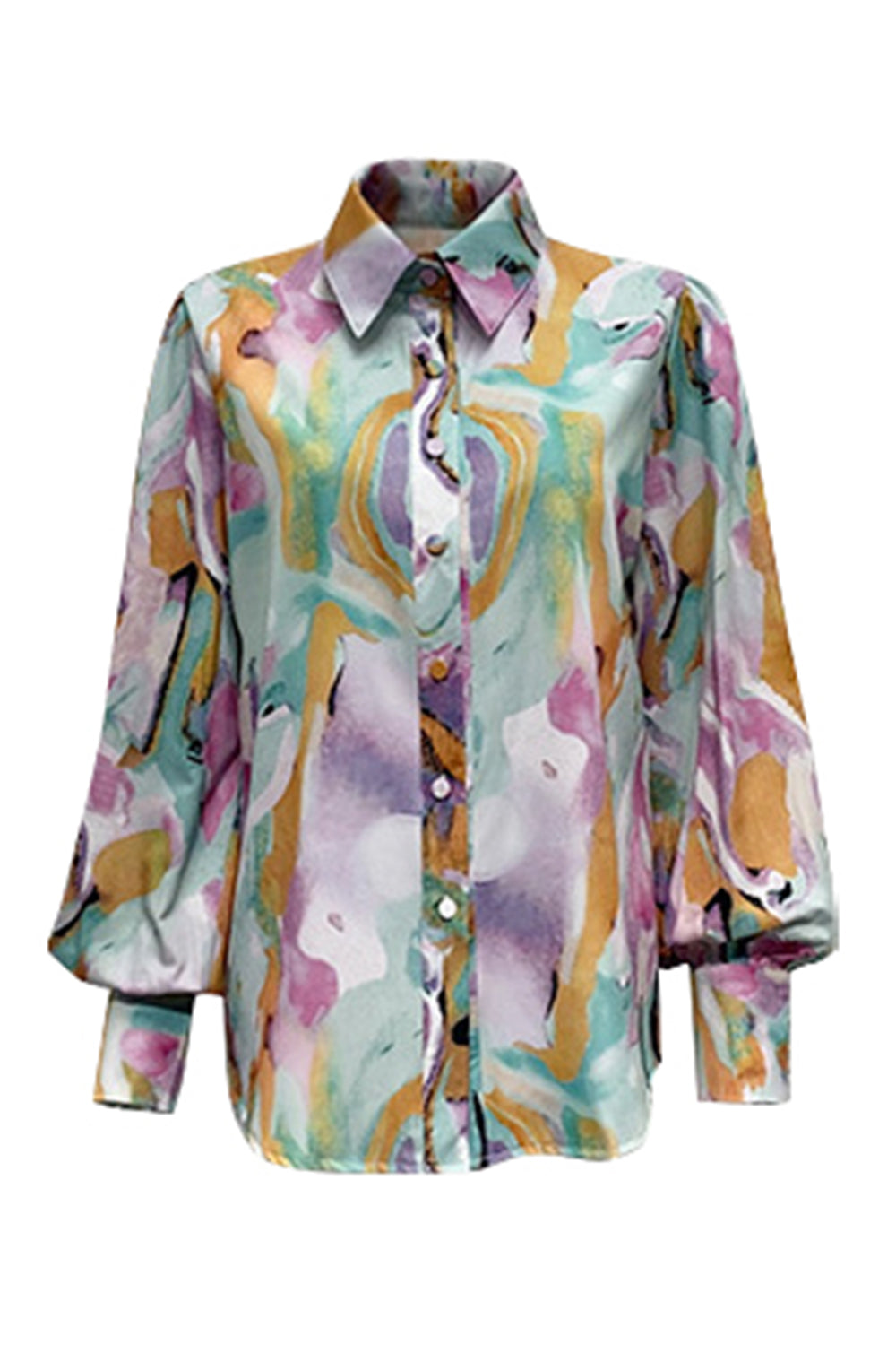 Printed Button Up Lantern Sleeve Shirt