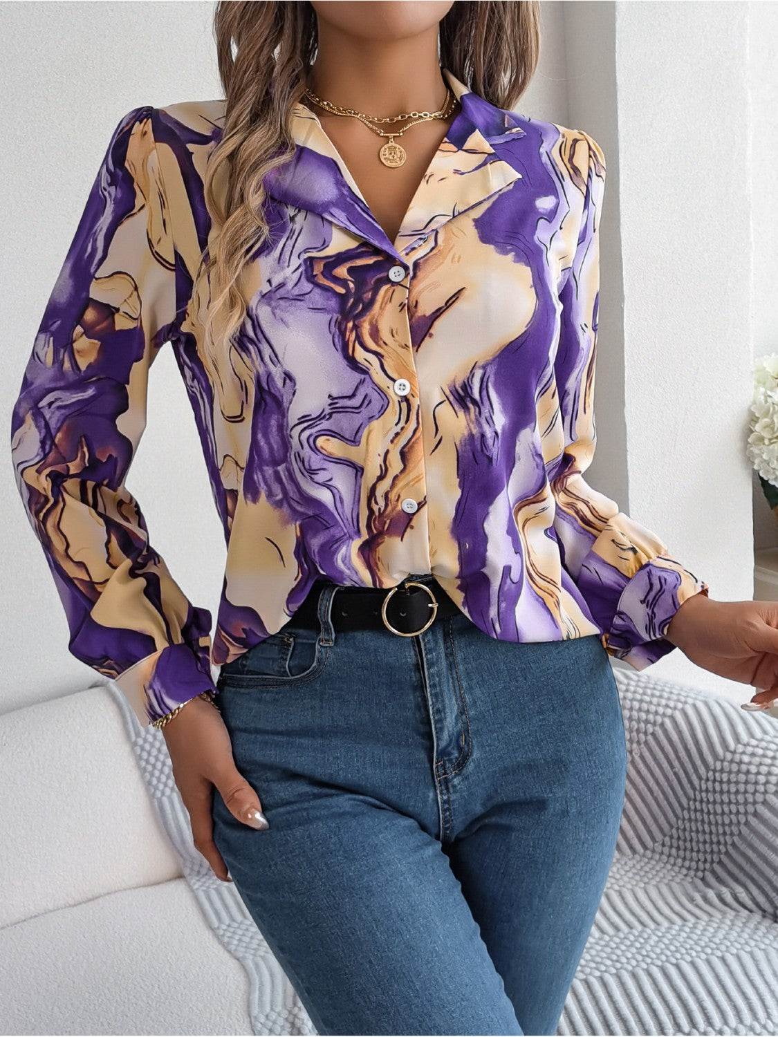 Printed Button Up Long Sleeve Shirt