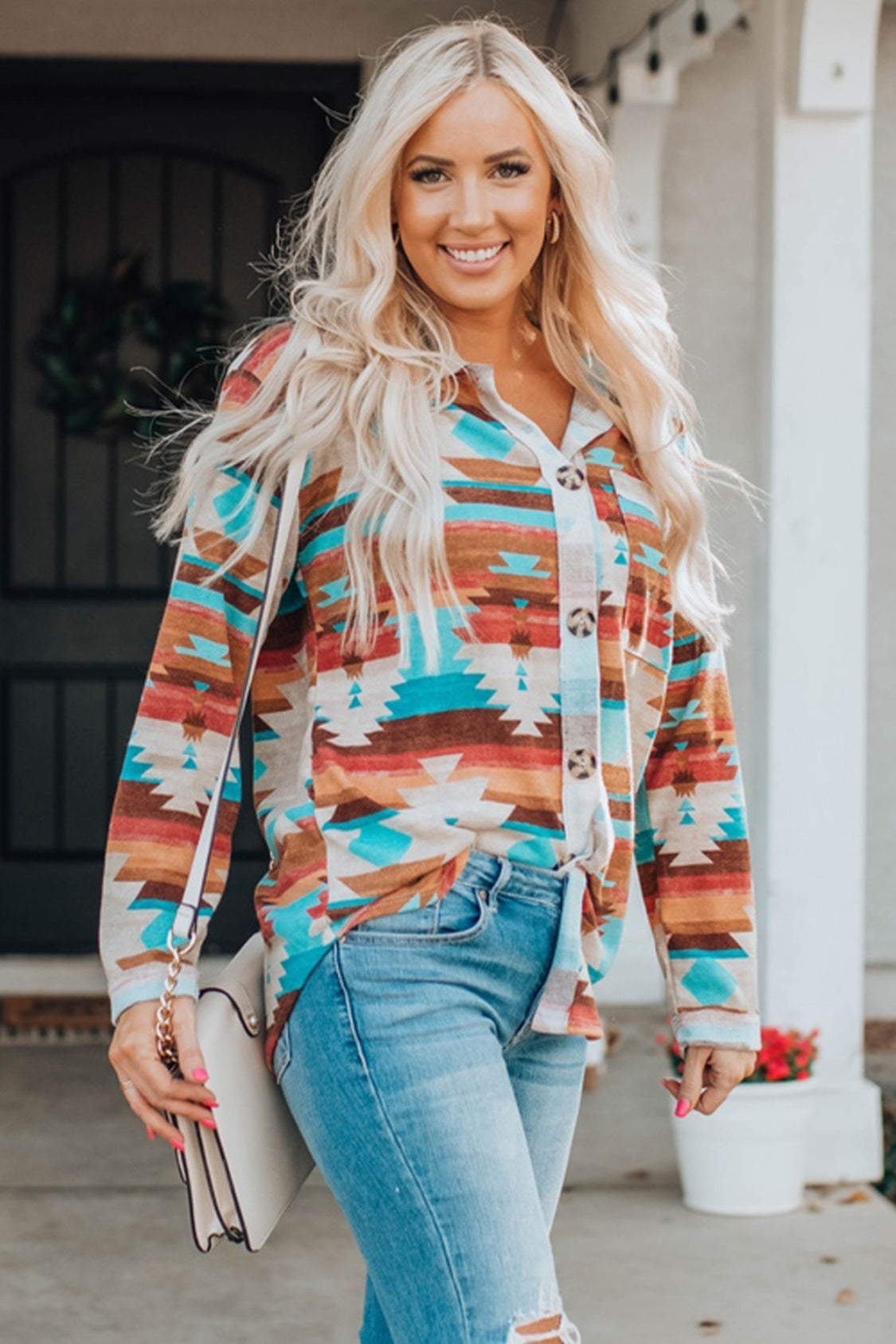 Printed Button Up Long Sleeve Shirt