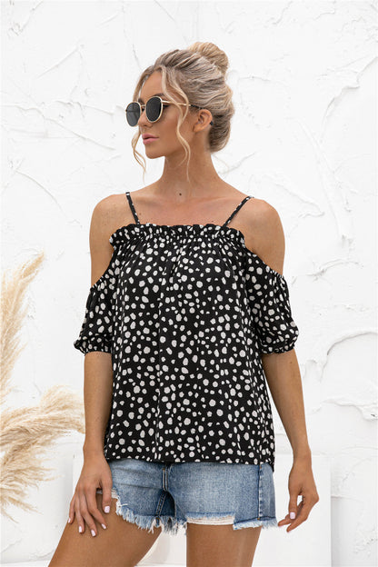 Printed Cold-Shoulder Frill Trim Blouse