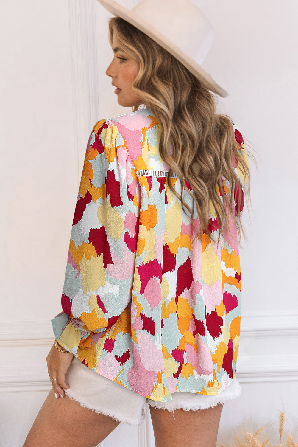 Printed Flounce Sleeve Buttoned Blouse