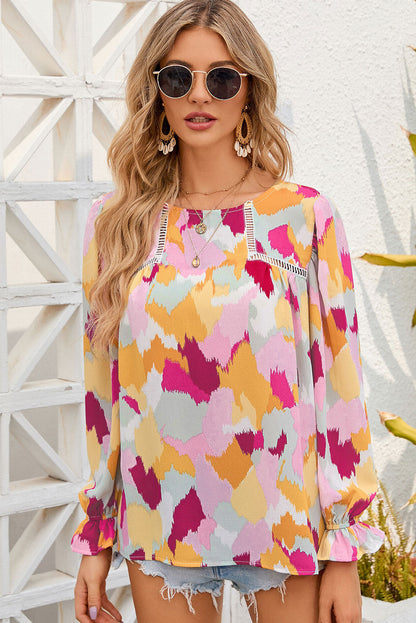 Printed Flounce Sleeve Buttoned Blouse