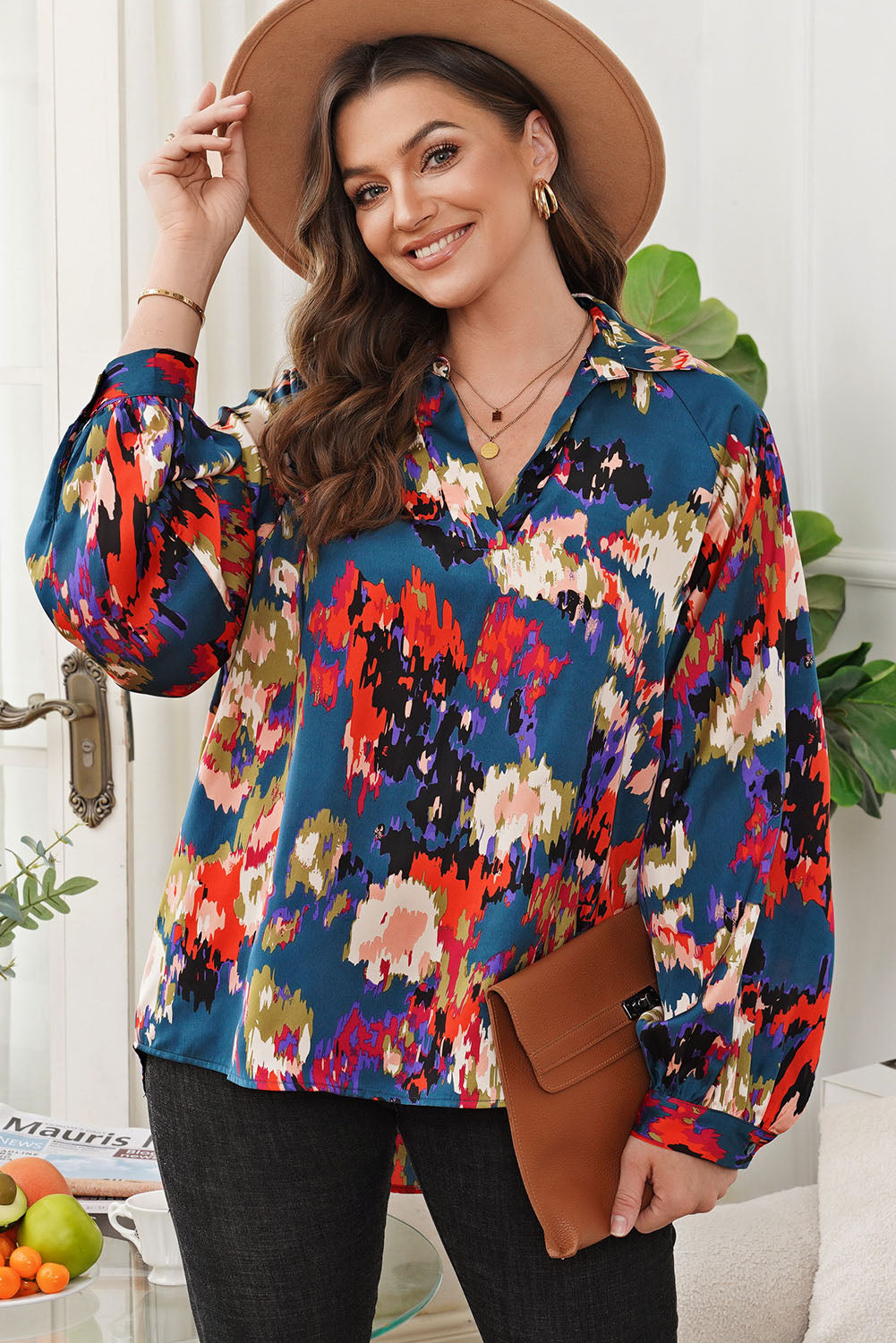 Printed Johnny Collar Raglan Sleeve Blouse