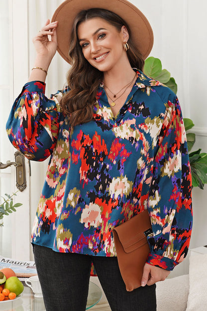 Printed Johnny Collar Raglan Sleeve Blouse