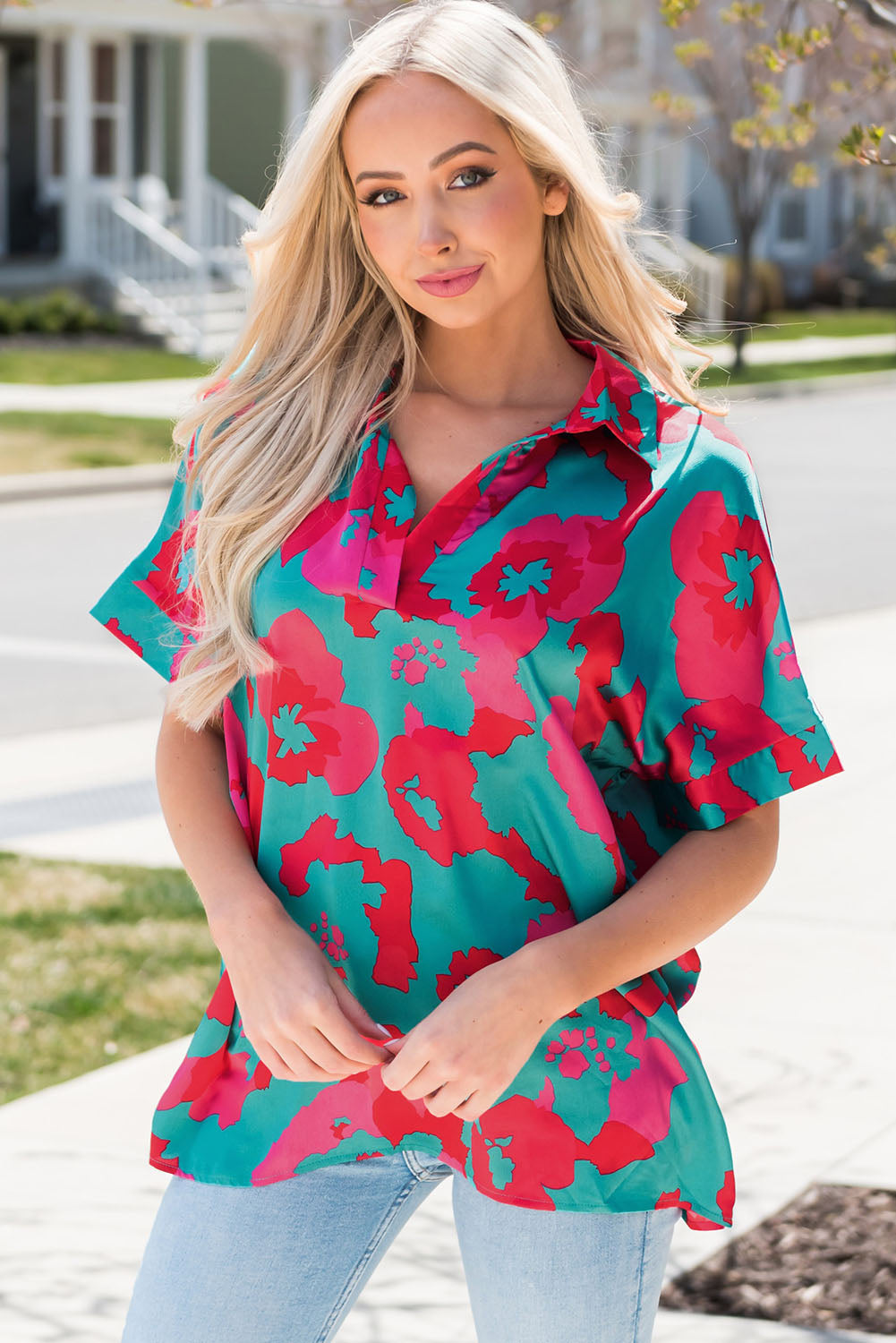 Printed Johnny Collar Short Sleeve Top