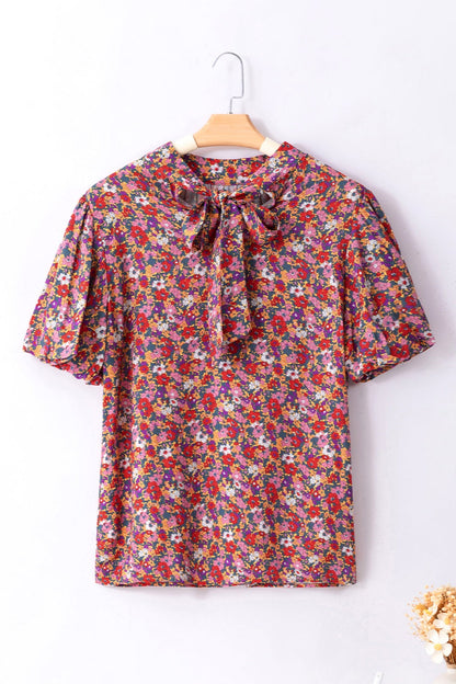 Printed Mock Neck Short Sleeve Blouse