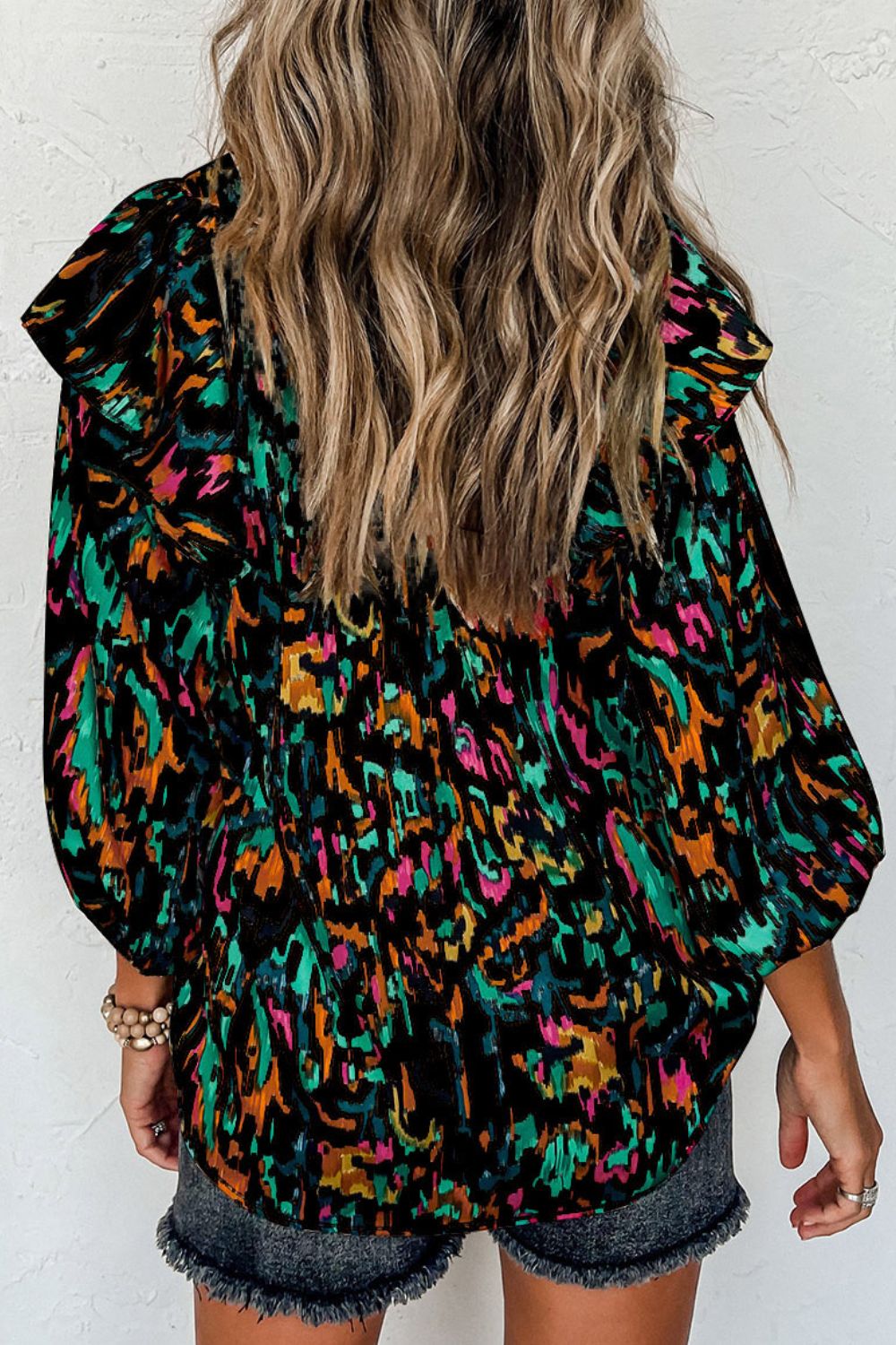 Printed Nochted Neck Ruffled Blouse