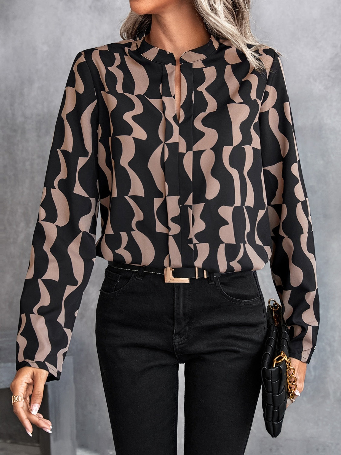 Printed Notched Long Sleeve Blouse