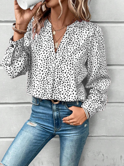 Printed Notched Long Sleeve Blouse