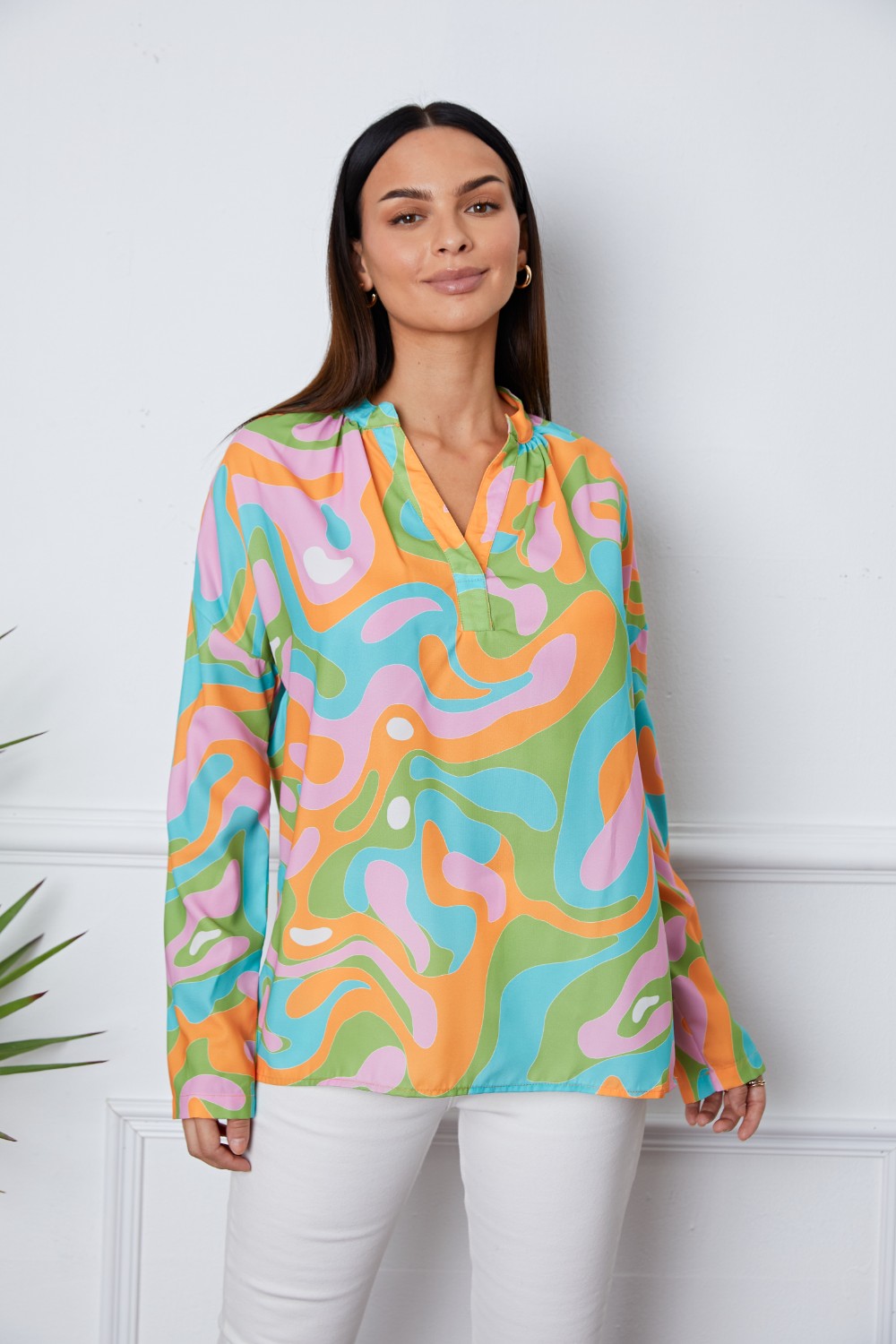 Printed Notched Long Sleeve Blouse