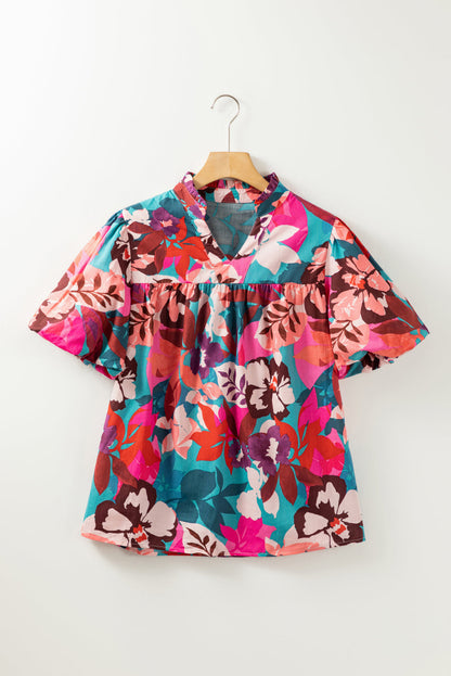 Printed Notched Puff Sleeve Blouse