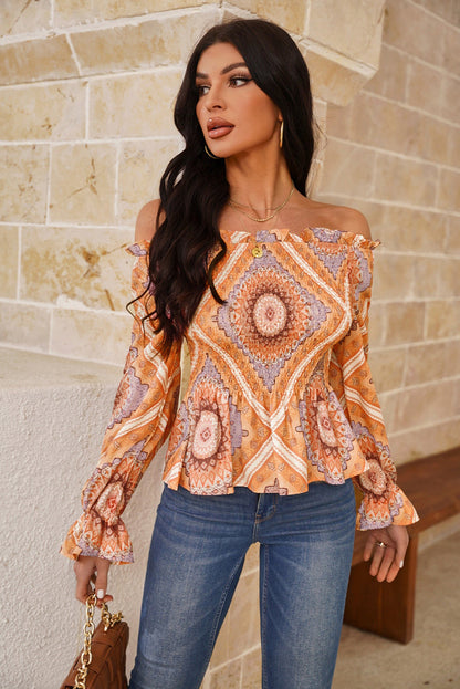 Printed Off-Shoulder Smocked Flounce Sleeve Blouse