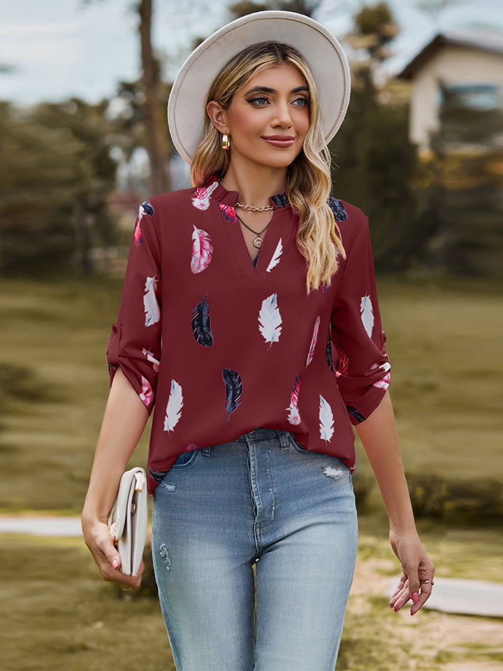 Printed Roll-Tab Sleeve Notched Neck Blouse