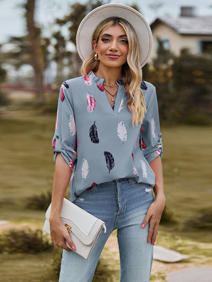 Printed Roll-Tab Sleeve Notched Neck Blouse