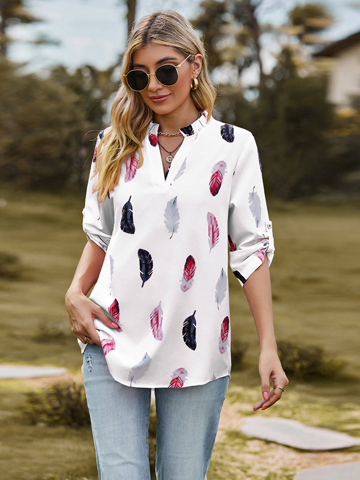 Printed Roll-Tab Sleeve Notched Neck Blouse