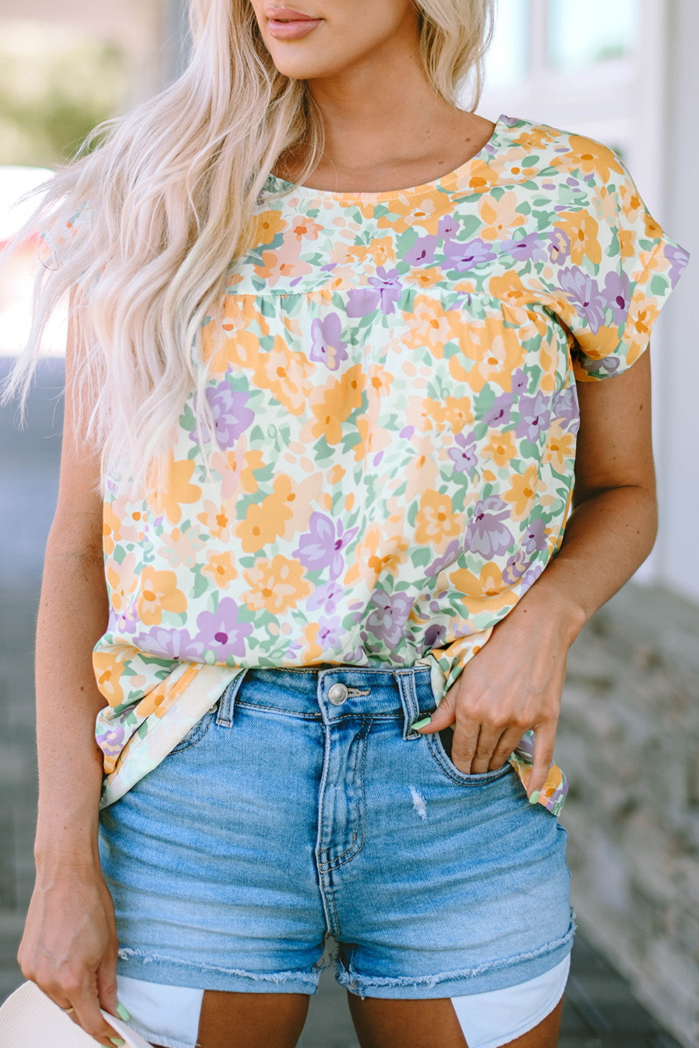 Printed Round Neck Cap Sleeve Blouse