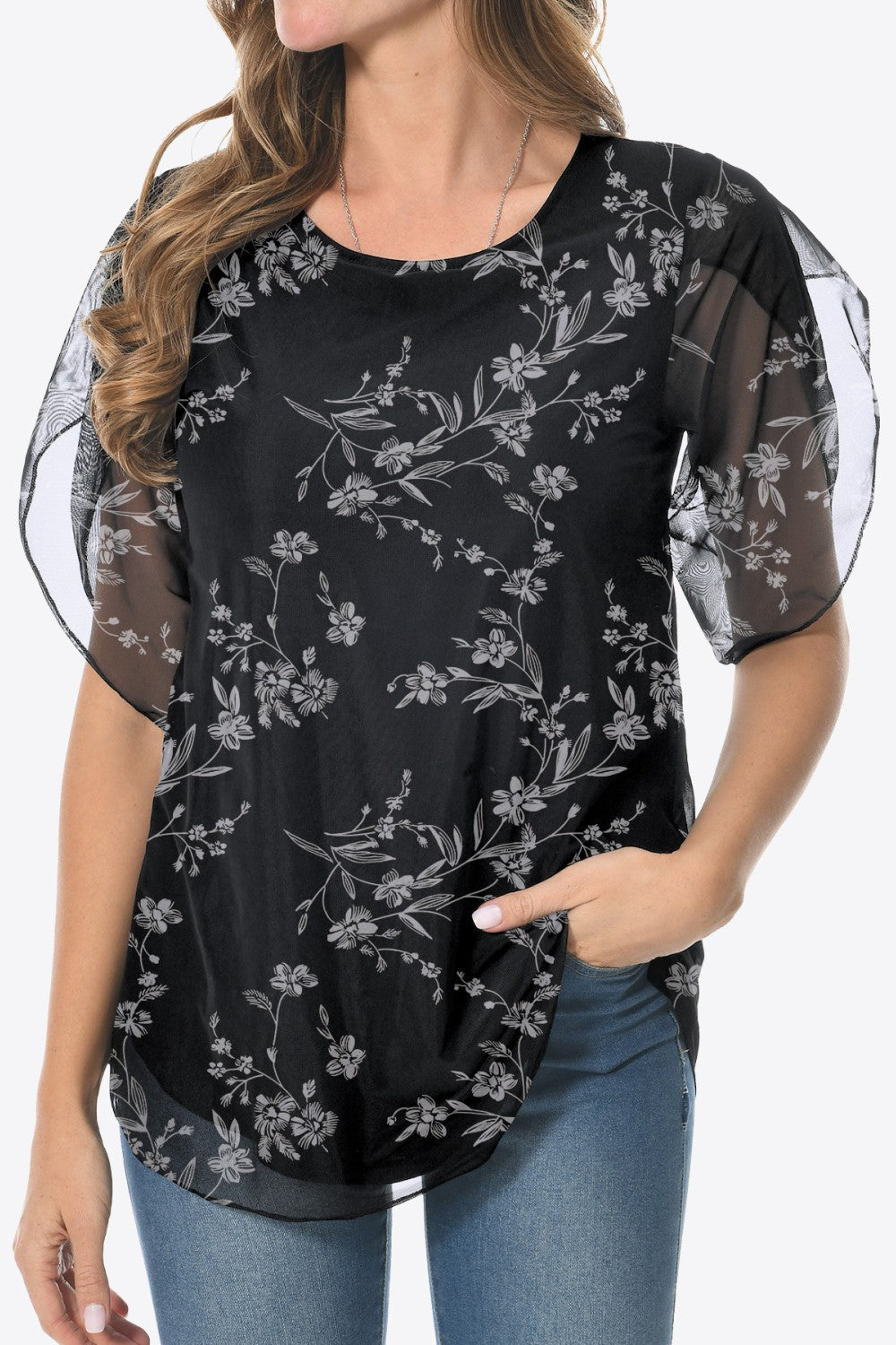 Printed Round Neck Curved Hem Blouse