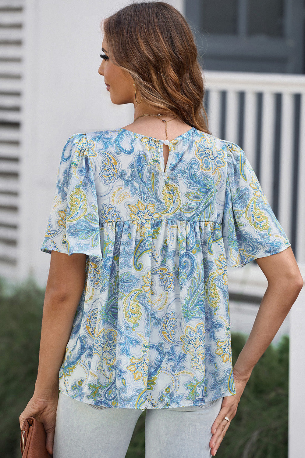 Printed Round Neck Short Sleeve Blouse