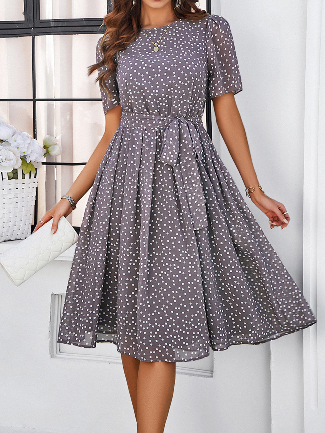 Printed Round Neck Short Sleeve Dress