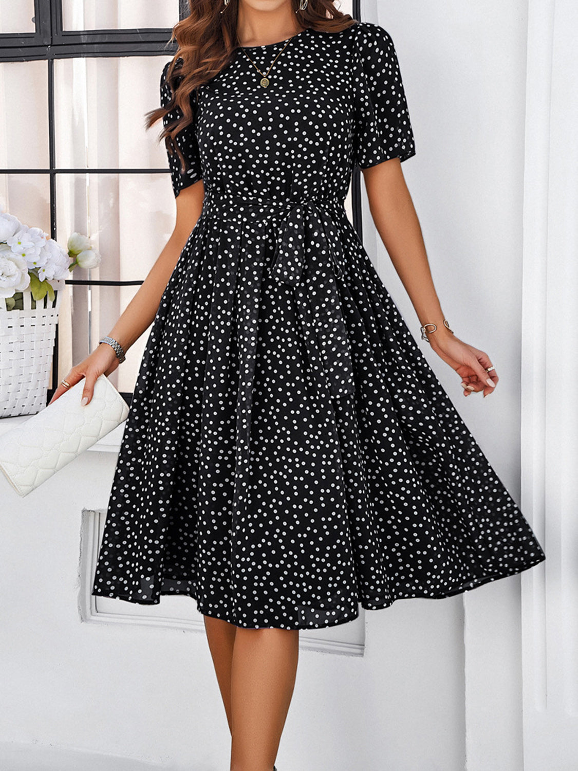 Printed Round Neck Short Sleeve Dress