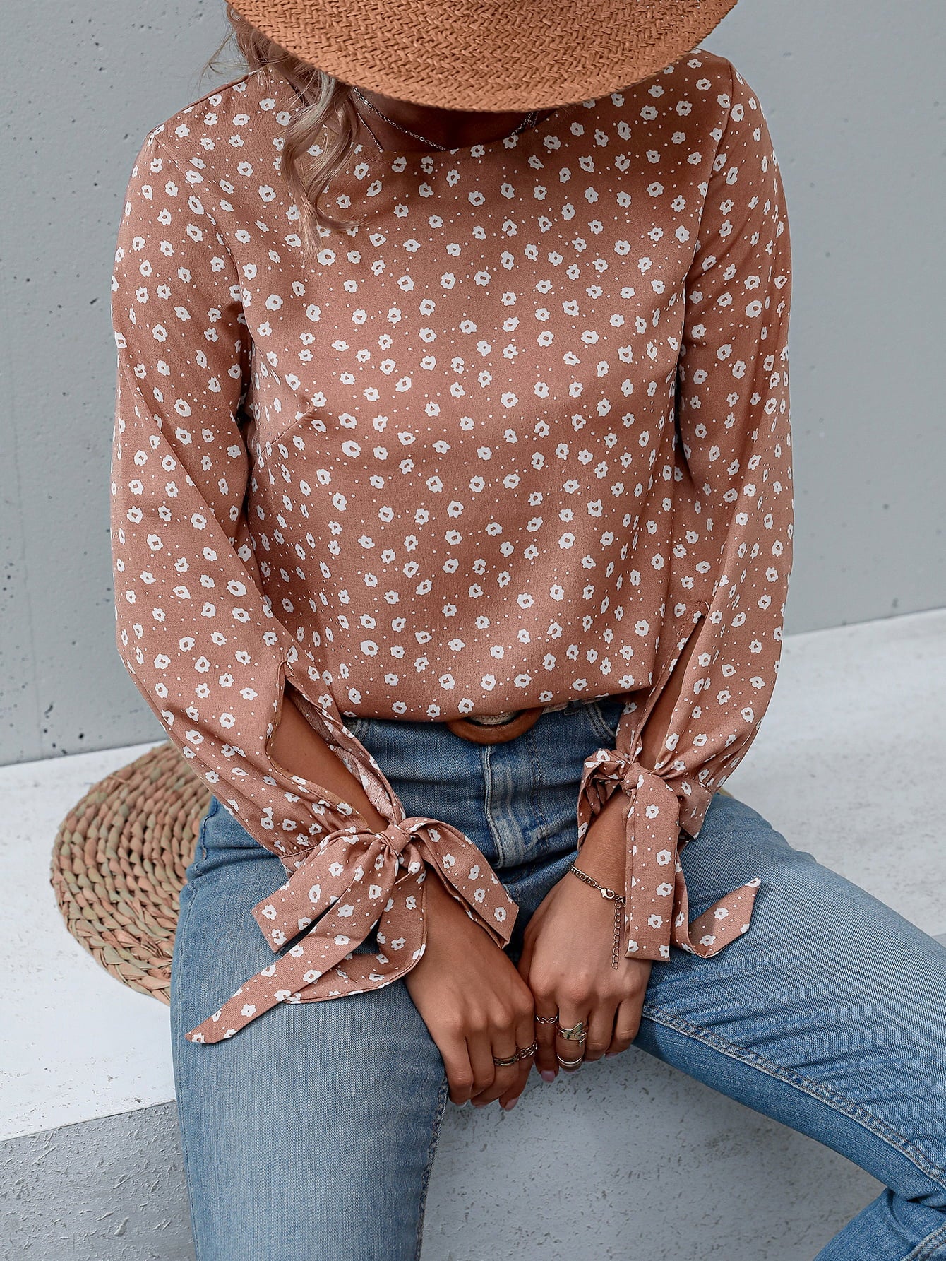 Printed Round Neck Tie Cuff Blouse