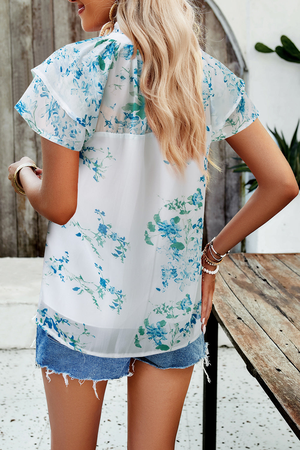 Printed Ruffled Mock Neck Blouse