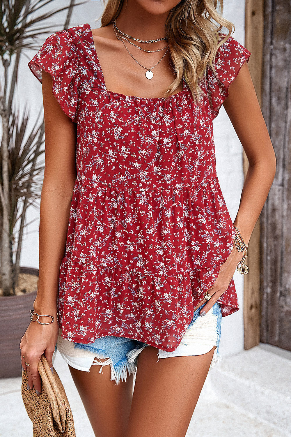 Printed Square Neck Cap Sleeve Blouse