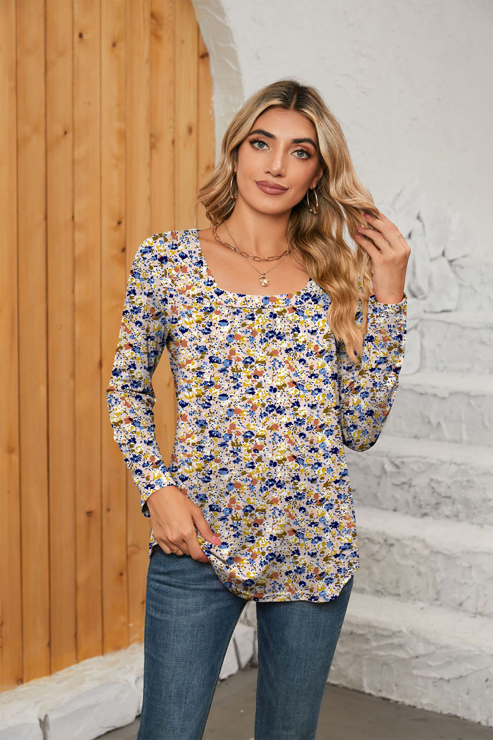 Printed Square Neck Long Sleeve Blouse