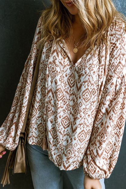 Printed Tie Neck Balloon Sleeve Blouse