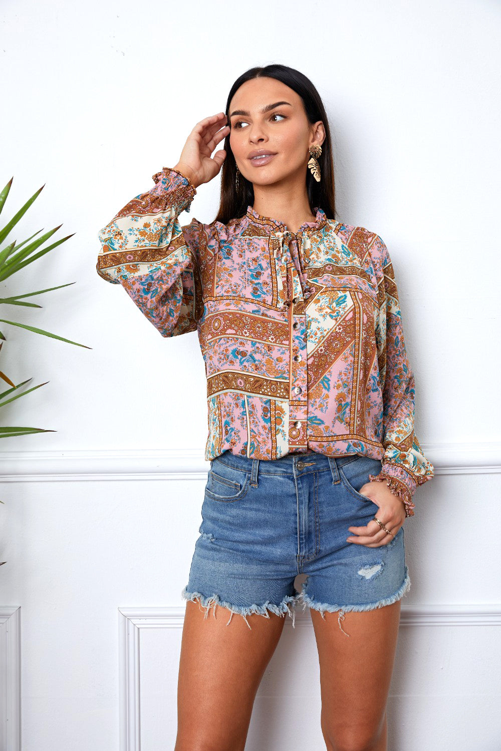 Printed Tie Neck Button Up Long Sleeve Blouse