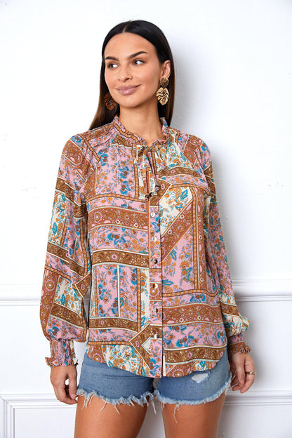 Printed Tie Neck Button Up Long Sleeve Blouse