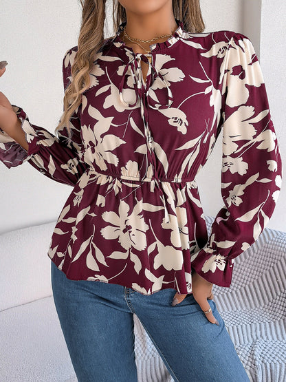 Printed Tie Neck Flounce Sleeve Blouse