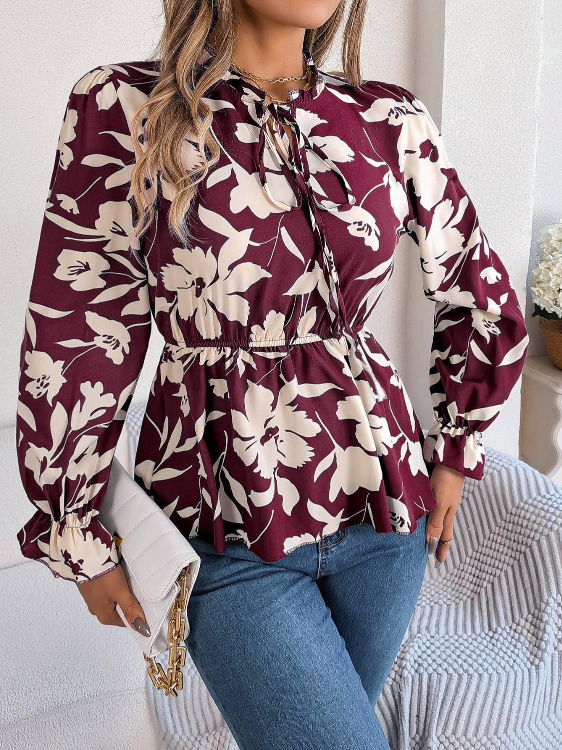 Printed Tie Neck Flounce Sleeve Blouse