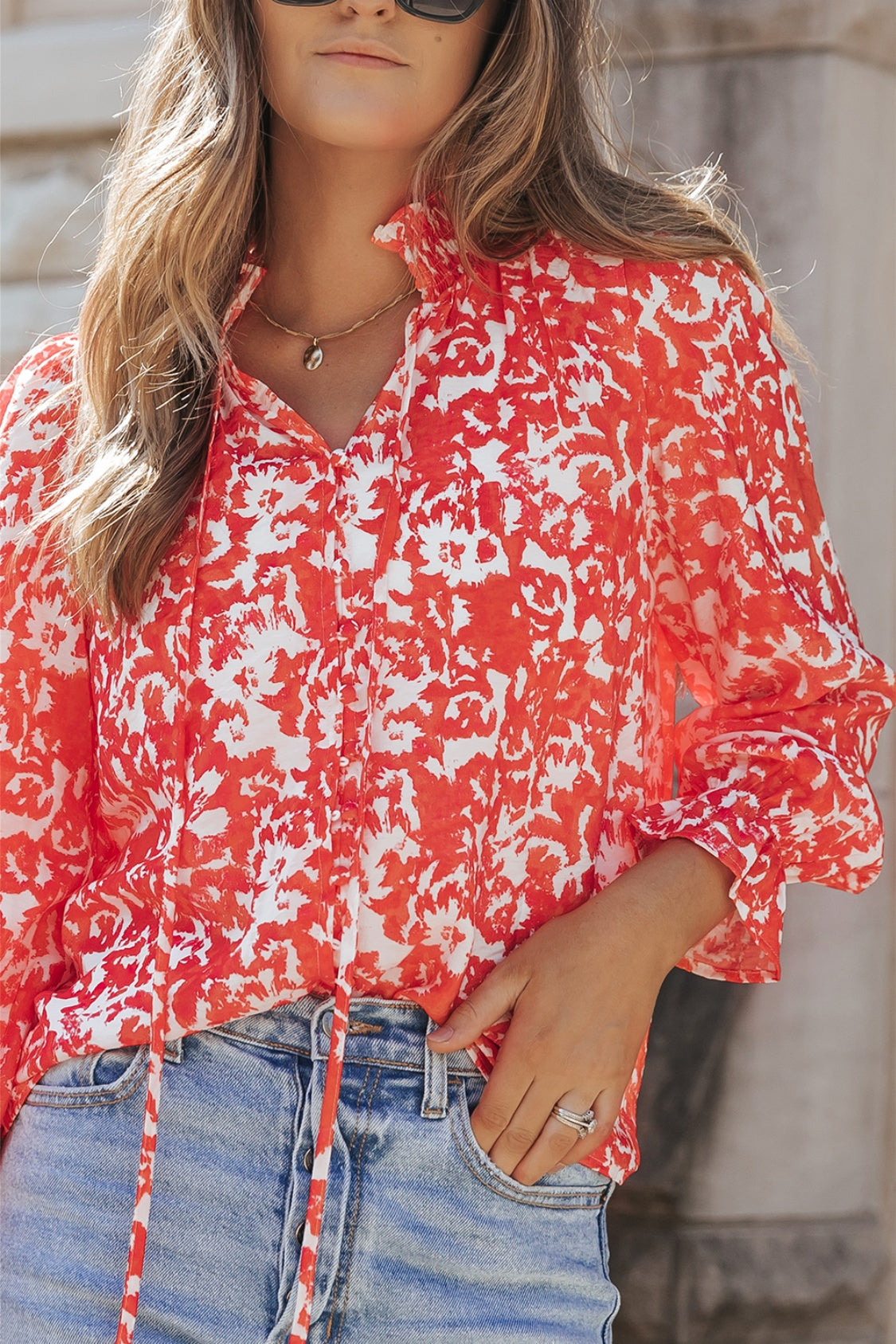 Printed Tie Neck Flounce Sleeve Blouse