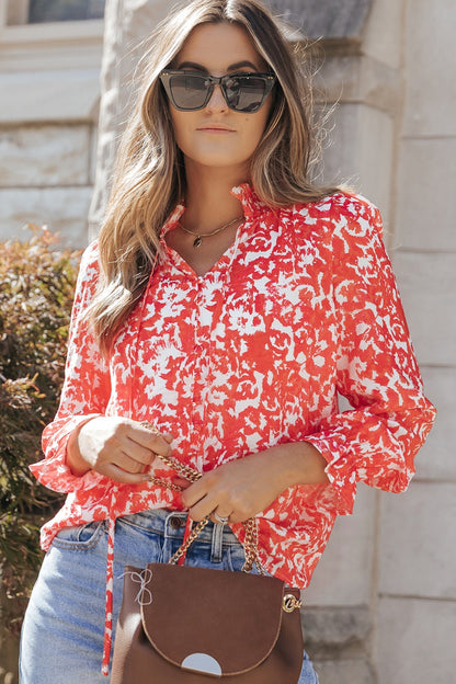 Printed Tie Neck Flounce Sleeve Blouse