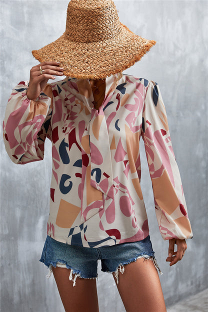 Printed Tie Neck Puff Sleeve Blouse