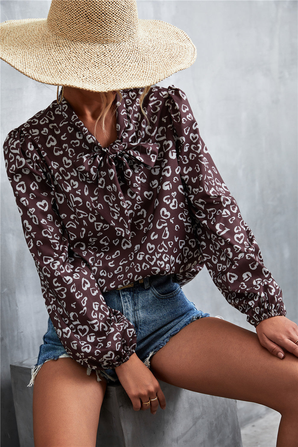 Printed Tie Neck Puff Sleeve Blouse