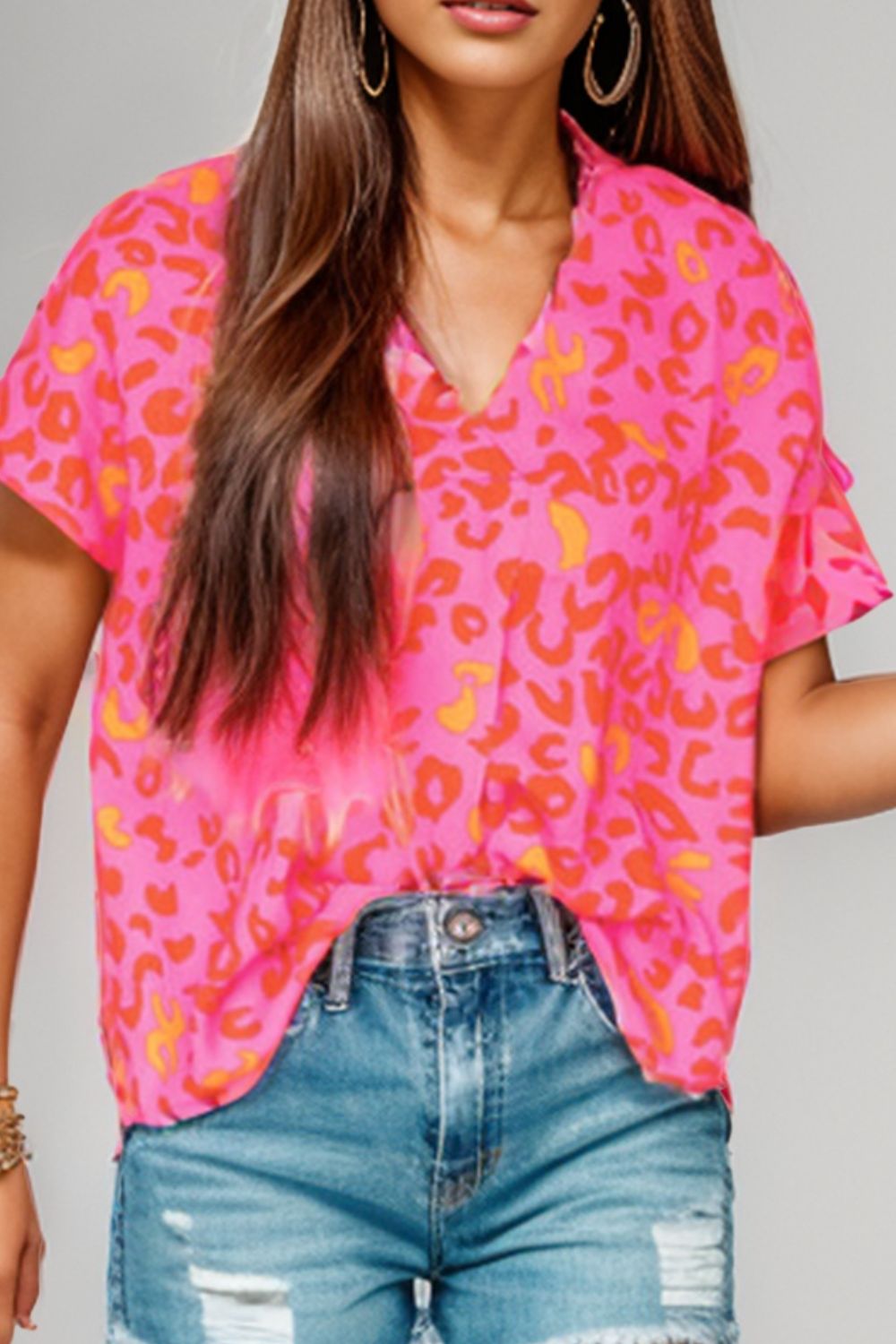 Printed V-Neck Cap Sleeve Blouse