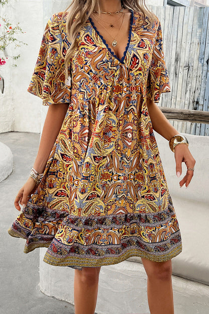 Printed V-Neck Half Sleeve Mini Dress