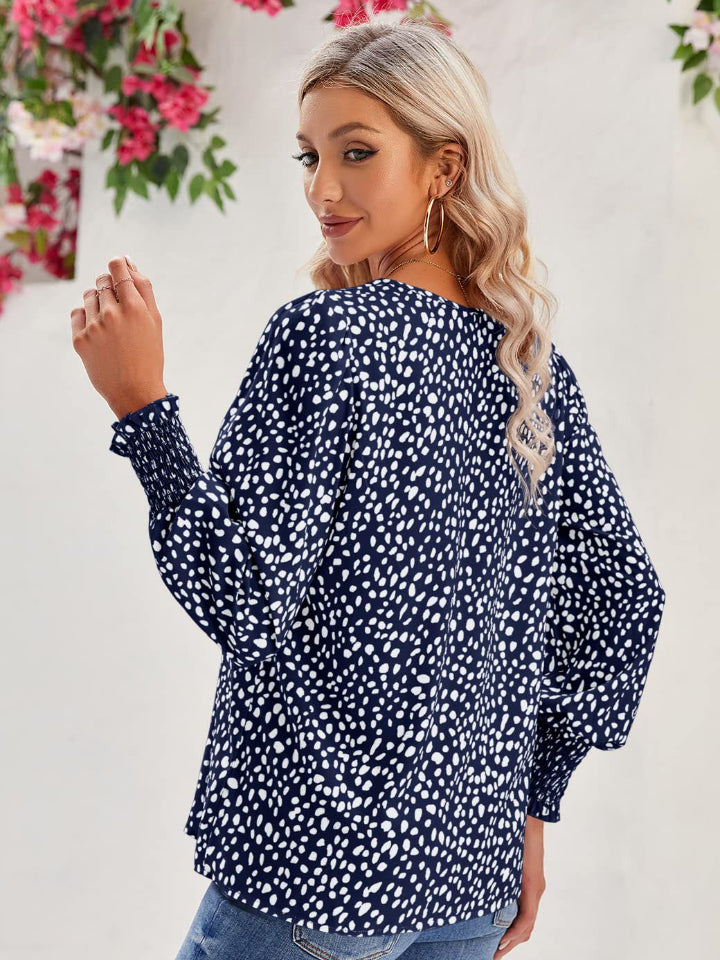 Printed V-Neck Lantern Sleeve Blouse