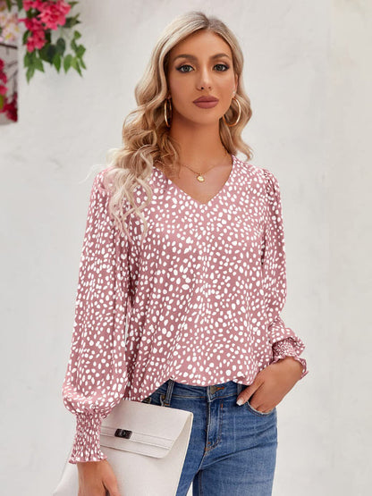 Printed V-Neck Lantern Sleeve Blouse