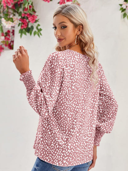 Printed V-Neck Lantern Sleeve Blouse