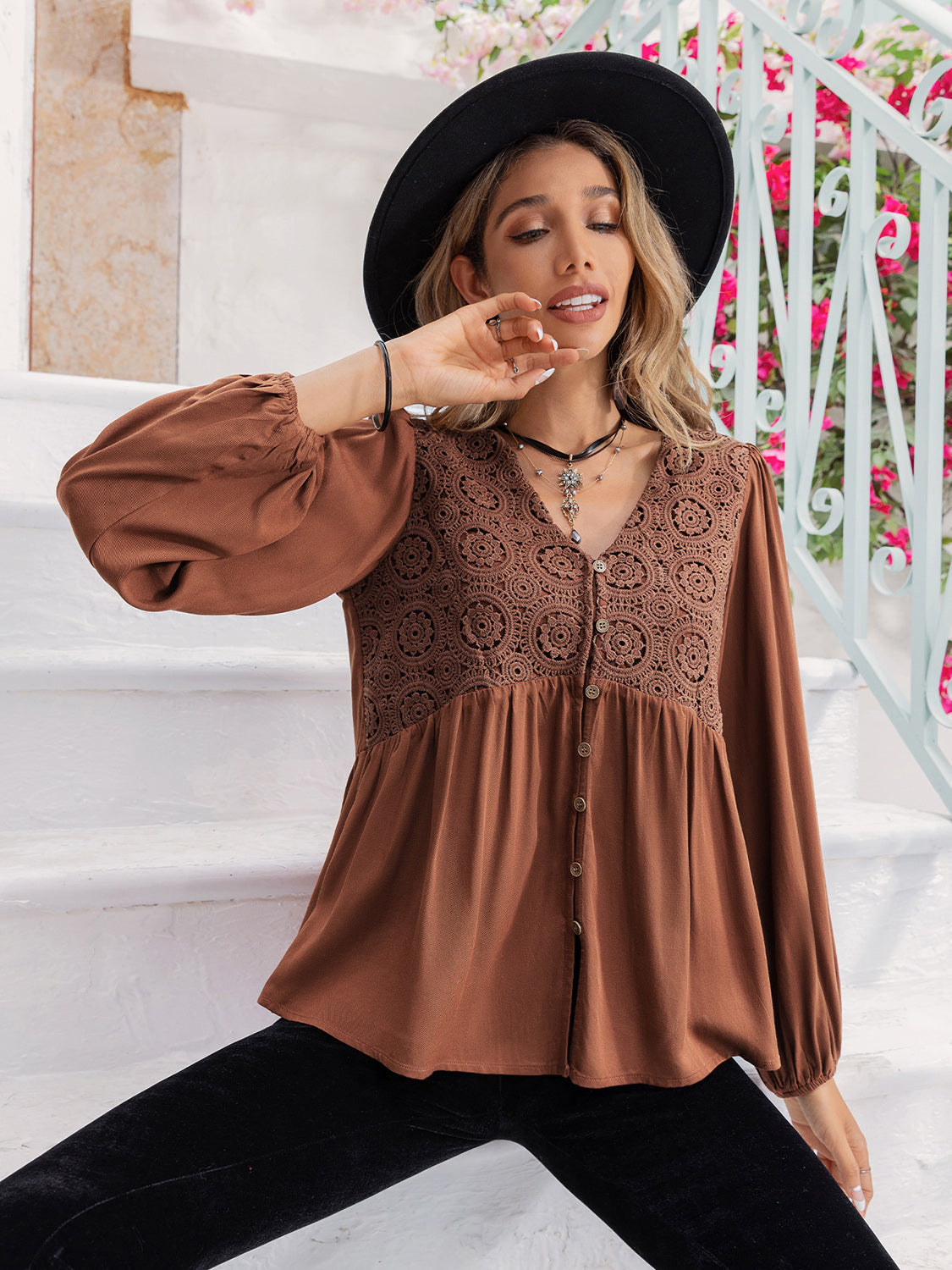 Printed V-Neck Long Sleeve Blouse